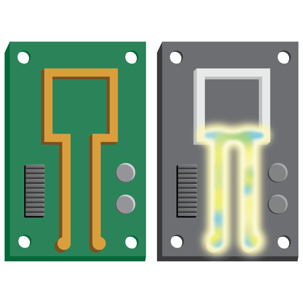 Vector art of two simple chips, side by side. The right-hand one shows highlighted paths on the circuit board.