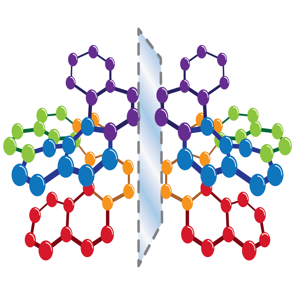Vector art of two molecules which are mirror images of one another with a mirror between them.