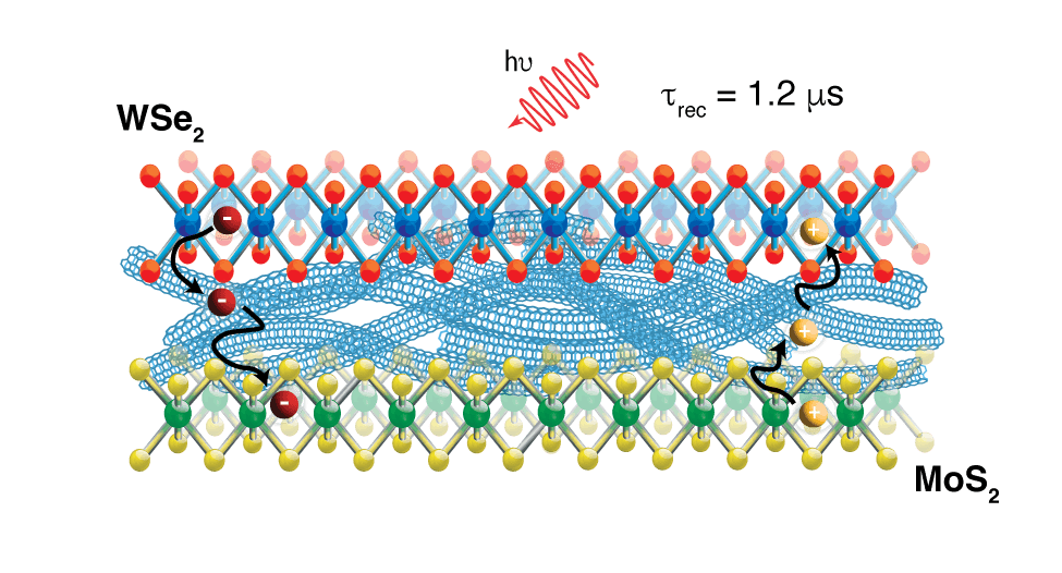 A scientific illustration of an ultrafast charge transfer cascade in a mixed-dimensionality nanoscale trilayer heterostructure. The image shows a layered arrangement with WSe₂ (tungsten diselenide) as the top 2D layer, depicted with blue tungsten atoms and red/pink selenium atoms in a honeycomb lattice structure. Below is a blue mesh-like structure representing an intermediate layer, and at the bottom is a MoS₂ (molybdenum disulfide) layer shown in yellow and green atoms. Red wavy lines labeled 'hν' indicate incident light excitation, and a time constant 'τrec = 1.2 μs' indicates the charge recombination timescale. Black arrows trace the charge transfer pathway through the trilayer structure, demonstrating how photoexcited carriers move between the different dimensional materials in the heterostructure.